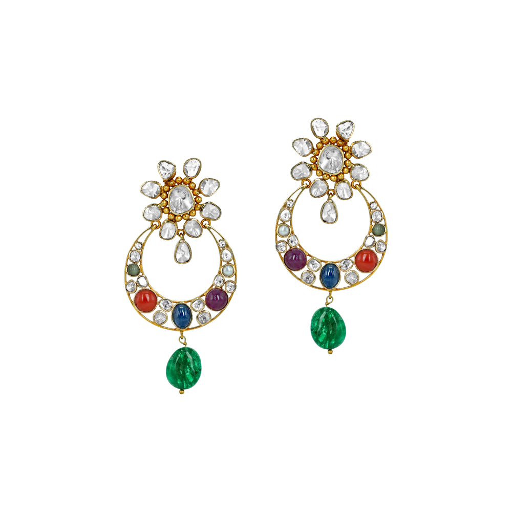 Navaratan Chandbali Earrings with Polkis and Emerald Drops